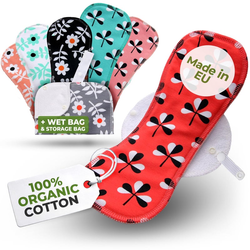 Made in EU â€“ Reusable Sanitary Pads for Heavy Flow (6 Pack, L & XL) â€“ High-Temp Washable, Extra-Absorbent Cloth Period Pads for Women â€“ Ultra Soft Organic Cotton, Reliable Fit & Leak Proof Comfort